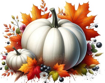 Autumn Pumpkin Clipart, Watercolor Fall White Pumpkins, Thanksgiving Harvest Clip Art, Commercial Use