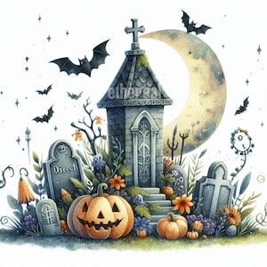 Griezelige grafsteen clipart, Halloween-illustraties, aquarel clipart, digitale clipart, clipartbundel, set van 10, commercieel gebruik