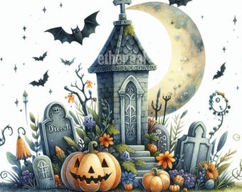 Conjunto de imágenes prediseñadas de lápidas de acuarela: Lápidas espeluznantes de Halloween (imágenes prediseñadas digitales, uso comercial)
