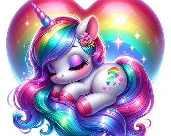 May include: A whimsical illustration of a sleeping unicorn with a rainbow mane and tail, resting against a heart-shaped background with a rainbow. The unicorn has a pink horn, flower accents, and closed eyes, with hearts on its flank.