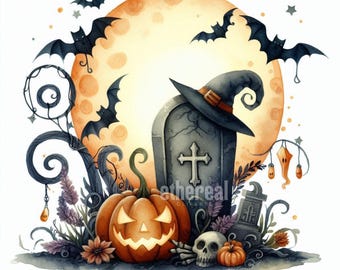 Lápidas de Halloween en acuarela: Lápidas espeluznantes (10 unidades, descarga digital en formato JPG)