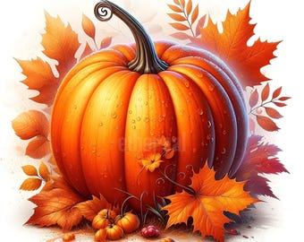 Autumn Pumpkin Clipart, Orange Fall Watercolor Pumpkins, Thanksgiving Harvest Clip Art, Commercial Use