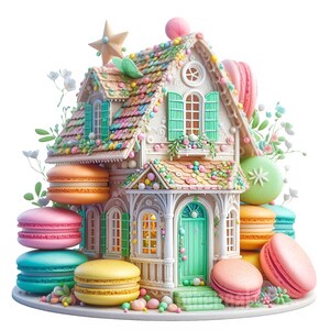 Può includere: Una casa decorativa stravagante fatta di colorati macarons e caramelle. La casa presenta una tavolozza di colori pastello con una porta verde, persiane e una stella in cima. I macarons in vari colori, tra cui rosa, arancione e giallo, sono impilati intorno alla casa.