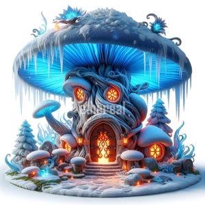 Clipart di casa a forma di fungo, clipart di casa a forma di fungo invernale, clipart di casa delle fate, clipart digitale, pacchetto di clipart, set di 10, uso commerciale