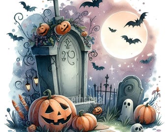 Paquete de imágenes prediseñadas de lápidas en acuarela: Gráficos de Halloween (10 unidades, uso comercial)