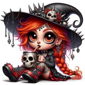 May include: A cartoon illustration of a girl with red hair, wearing a black witch hat with spikes and skull accents. She is dressed in a black leather jacket, red plaid skirt, and red boots. She holds a mug with a skull design.