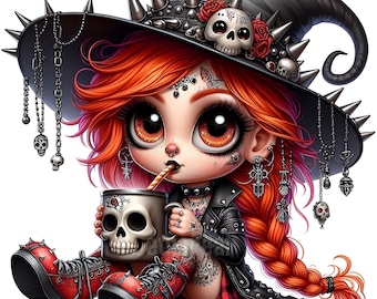 May include: A cartoon illustration of a girl with red hair, wearing a black witch hat with spikes and skull accents. She is dressed in a black leather jacket, red plaid skirt, and red boots. She holds a mug with a skull design.