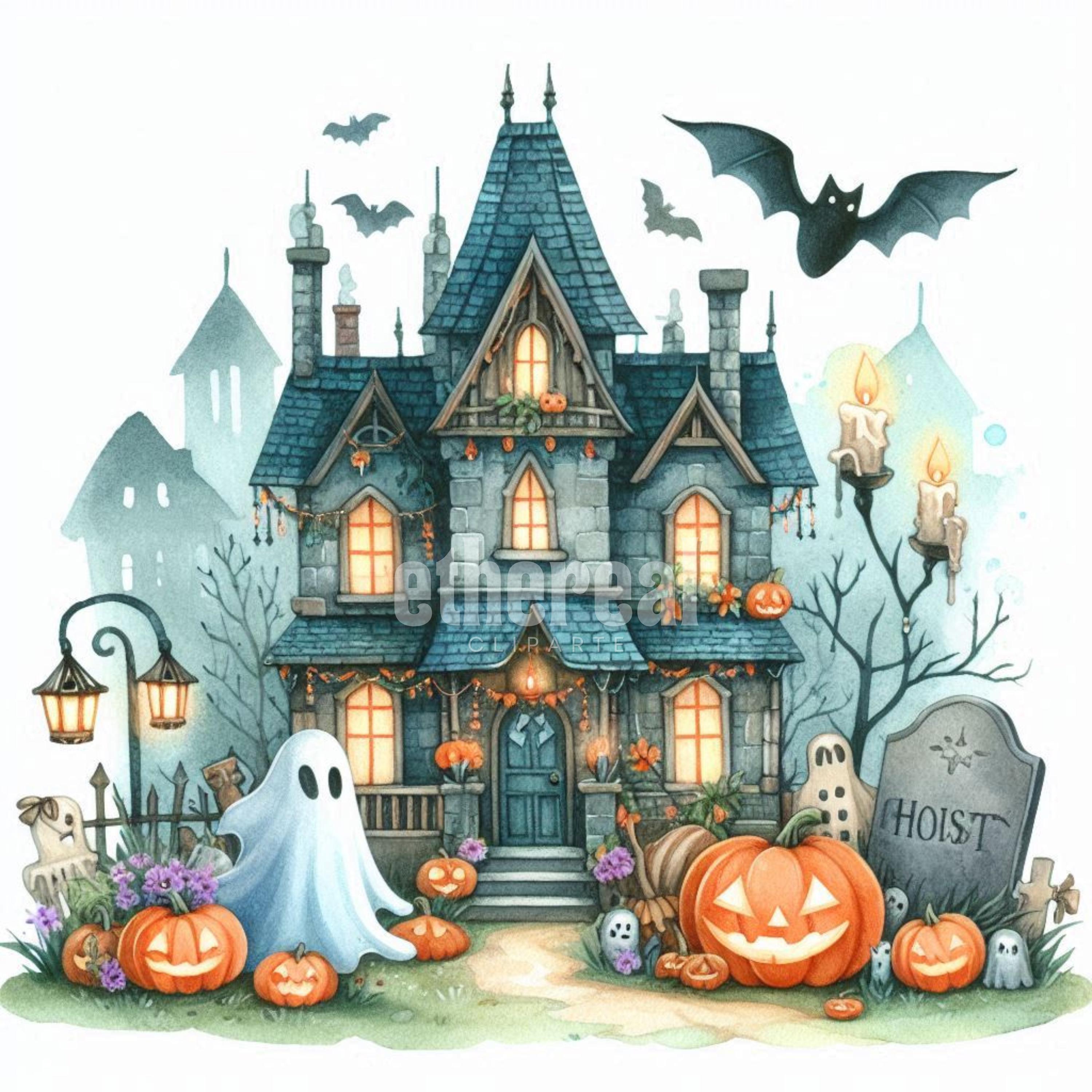 Haunted House Watercolor Clipart, Halloween Clip Art, Scary House, Digital Clipart, Clipart Bundle, Set of 10, Commercial Use