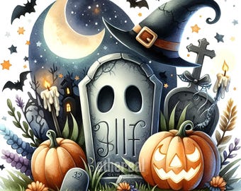 Paquete de imágenes prediseñadas de lápidas espeluznantes en acuarela: Arte digital de Halloween (10 unidades, uso comercial)