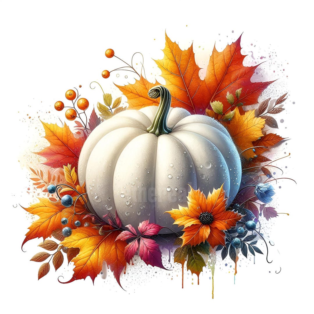 Autumn Pumpkin Clipart, Watercolor Fall White Pumpkins, Thanksgiving ...