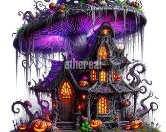 Mushroom House Clipart, Fairy Mushroom House Clipart, Halloween Clipart, Digital Clip Art, Clipart Bundle, Set of 10, Commercial Use