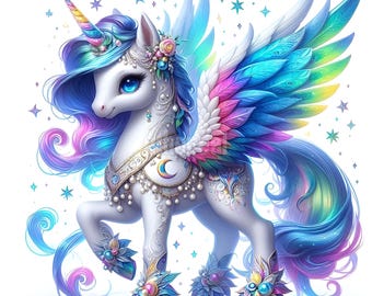 May include: A white unicorn with blue eyes, a rainbow horn, and flowing blue and pink hair. It has large, colorful wings and is adorned with jewels and floral accents. The unicorn is standing on its hind legs, with a decorative design on its legs.
