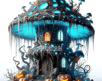 Blue Halloween Mushroom House Clipart: Cottage Illustration (Set of 10, JPG, Commercial Use)