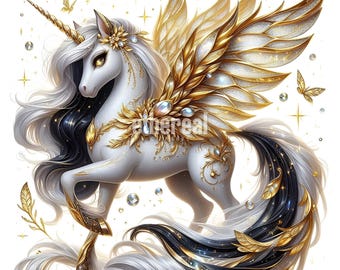 Op de afbeelding: Een majestueuze witte eenhoorn met gouden vleugels, hoorn en accenten. De illustratie toont vloeiend wit en zwart haar, versierd met juwelen en bloemmotieven. Sprankelende sterren en vlinders dragen bij aan het fantasiethema.