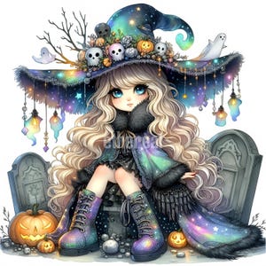 Grafsteen heks clipart, schattige Halloween clipart, Aurora Borealis heks kabouter, digitale clipart, clipart bundel, set van 10, commercieel gebruik