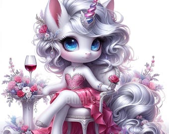 May include: A whimsical illustration of a unicorn with a silver mane and a pink and purple horn. The unicorn is wearing a pink dress and jewelry, holding a rose, and sitting in a chair. A glass of red wine and flowers are on a table.