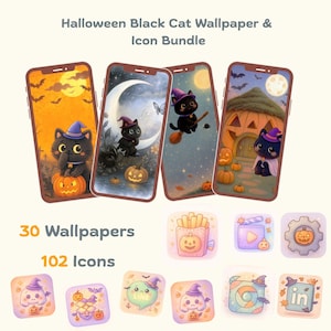 Kawaii Halloween Schwarze Katze Telefon Thema Bundle|Icons Hintergrundbilder|Niedliches Halloween| PastelIcon Pack für Android iPhone Aesthetic AnimalTheme Herunterladen