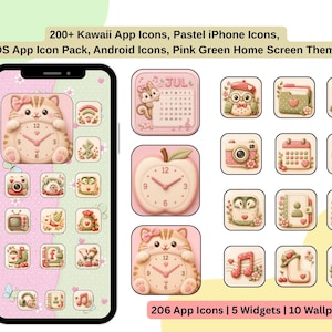 Kawaii Pastel App Icons Pack, Pink Green iOS Android Home Screen Theme (Digital Download)