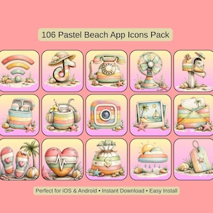 May include: A collection of 106 pastel beach-themed app icons. Each icon is square with rounded corners and features watercolor illustrations of beach-related items like a seashell, a fan, and a mailbox. The text "106 Pastel Beach App Icons Pack" is at the top.