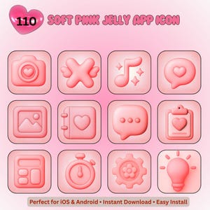 Könnte beinhalten: Weiche, rosa Gelee-App-Icons, darunter eine Kamera, eine Musiknote, eine Sprechblase, eine Fotogalerie, ein Notizbuch, ein Taschenrechner, eine Stoppuhr, ein Zahnrad und eine Glühbirne. Der Text lautet "Soft Pink Jelly App Icon". Die Zahl 110 ist herzförmig.