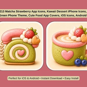 Matcha Strawberry App Icons, Kawaii Dessert Phone Theme (Digital Download)