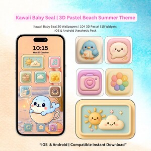 Peut inclure: Un écran de téléphone affiche un thème de plage pastel avec un bébé phoque kawaii, un soleil, un nuage et d'autres icônes. L'image comprend le texte "Kawaii Baby Seal | 3D Pastel Beach Summer Theme" et "iOS & Android | Compatible instant Download."