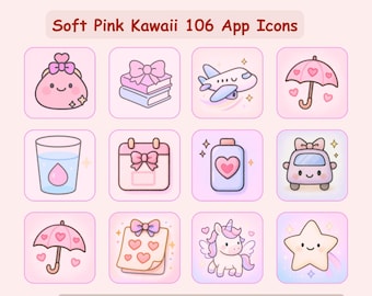 Soft Pink Kawaii App Icons | 106 Pastel iOS & Android Theme (Digital Download)