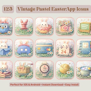 May include: A collection of 125 pastel Easter app icons. Each icon features a vintage design with Easter-themed illustrations, including bunnies, flowers, and other spring elements. The icons are in a soft, watercolor style, perfect for iOS and Android.