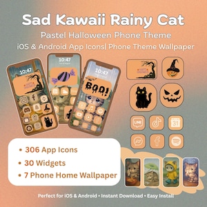 Sad Kawaii Rainy Cat Pastel Halloween Phone Theme| 306 App Icons, 30 Widgets, 7 Wallpapers for iOS & Android Home Screen Aesthetic| iPhone