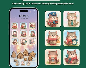 Kawaii Christmas Cat iOS Theme: 104 App Icons & Wallpapers (Digital Download)