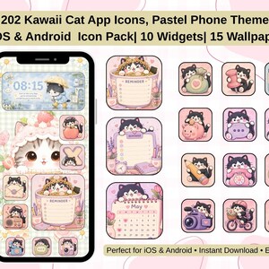 May include: A digital phone theme set featuring 202 Kawaii cat app icons, 10 widgets, and 15 wallpapers for iOS and Android. The display shows a smartphone screen with pastel-colored cat graphics, including a calendar, reminder lists, and icons.