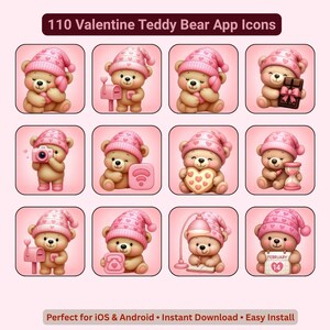 May include: A collection of 110 Valentine's Day-themed teddy bear app icons. Each icon features a brown teddy bear wearing a pink hat, holding various Valentine's Day-related items. The text "110 Valentine Teddy Bear App Icons" is at the top.