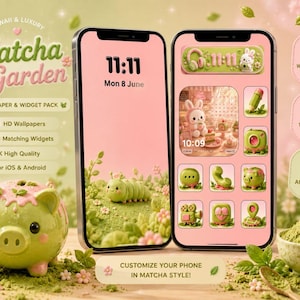 Matcha Garden Phone Wallpaper Widget Pack | Kawaii Pink Green Theme (iOS/Android)