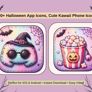 May include: A set of 200+ Halloween app icons featuring cute kawaii designs. One icon shows a pastel rainbow creature wearing a witch hat and sunglasses, while the other displays a striped bucket of popcorn with a jack-o'-lantern face and a bell.