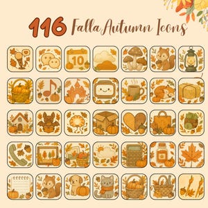Puede incluir: Una colección de 116 iconos de otoño en estilo acuarela. Los iconos presentan calabazas, hojas, animales y otros objetos temáticos de otoño. Los iconos están dispuestos en un patrón de cuadrícula sobre un fondo beige.