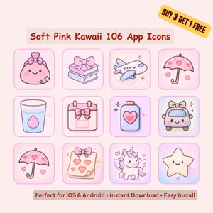 May include: A set of 106 soft pink Kawaii app icons. Each icon features a cute design, including a smiling cloud, books with a bow, an airplane, an umbrella, a glass of water, a calendar, a bottle, a car, a notepad, a unicorn, and a star. The text reads "Buy 3 Get 1 Free".