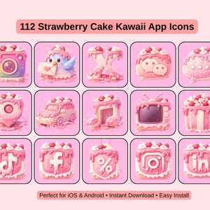 May include: A collection of 112 strawberry cake-themed kawaii app icons. Each icon is a unique design, featuring pink and red colors, with a strawberry cake motif. The icons include a camera, bird, and social media logos. The text reads "112 Strawberry Cake Kawaii App Icons."