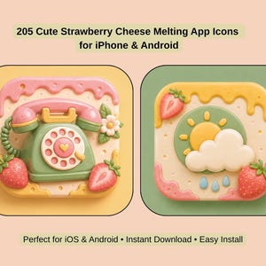 May include: Two app icon designs with a strawberry cheese melting theme. One features a retro phone, strawberries, and flowers. The other shows a sun, clouds, and rain. Text reads "205 Cute Strawberry Cheese Melting App Icons for iPhone & Android."