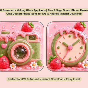 Könnte beinhalten: Digitale App-Icons mit einer Kamera und einer Uhr im Design aus rosa schmelzendem Erdbeerglas, salbeigrünen Akzenten und kleinen weißen Blumen. Text: 204 Strawberry Melting Glass App Icons | Pink & Sage Green iPhone Theme | Cute Dessert Phone Icons for iOS & Android | Digital Download. Perfect for iOS & Android • Instant Download • Easy Install.