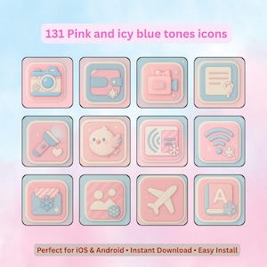 Könnte beinhalten: Eine Sammlung von 12 quadratischen Symbolen in Rosa- und Eisblautönen. Jedes Symbol zeigt ein anderes Design, darunter eine Kamera, eine Brieftasche und ein Flugzeug. Der Text "131 Pink and icy blue tones icons" steht oben. Der Text "Perfect for iOS & Android • Instant Download • Easy Install" steht unten.