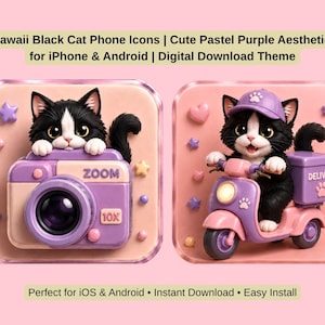 May include: Two cute phone icon designs featuring black and white cats. One cat is behind a purple camera, the other rides a pink scooter. The text reads "214 Kawaii Black Cat Phone Icons" and "Cute Pastel Purple Aesthetic App".