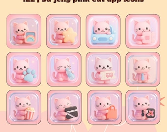 3D Jelly Pink Cat App Icons | Pastel Phone Theme for iOS & Android | Instant Download