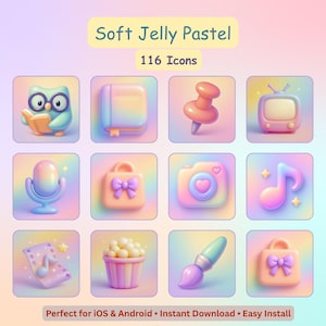 May include: A set of 116 pastel-coloured app icons, featuring an owl, book, pushpin, TV, microphone, purse, camera, musical note, filmstrip, popcorn, and paintbrush. The text "Soft Jelly Pastel" and "116 Icons" are displayed at the top.