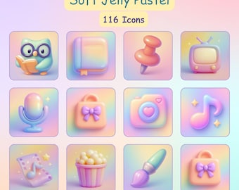 Conjunto de iconos de aplicaciones Soft Jelly Pastel • 116 iconos 3D minimalistas para iOS y Android