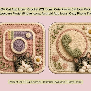 May include: Two square digital app icons featuring crochet-style textures. The left icon displays a camera symbol with a cat, heart, and flower. The right icon shows a telephone handset with a cat, heart, and flower. Text reads: 200+ Cat App Icons, Crochet iOS Icons, Cute Kawaii Cat Icon Pack, Cottagecore Pastel iPhone Icons, Android App Icons, Cozy Phone Theme. Perfect for iOS & Android • Instant Download • Easy Install.