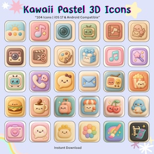 Puede incluir: Una colección de iconos Kawaii pastel 3D, que incluyen una cámara, una nota musical y una caja de regalo. Los iconos tienen forma cuadrada con bordes redondeados y presentan una variedad de diseños lindos. El texto en la parte superior dice "Kawaii Pastel 3D Icons". El texto "Instant Download" está en la parte inferior.