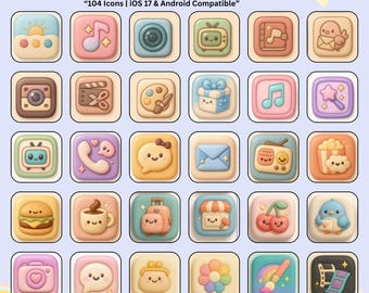 Iconos de aplicaciones 3D Kawaii Pastel / Tema para iOS 17 y Android (104 iconos) (Descarga digital)