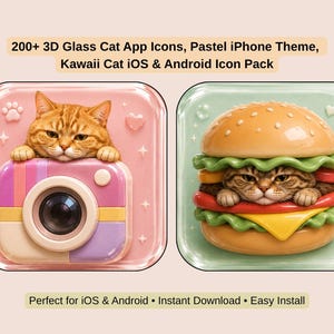 May include: A digital icon pack featuring 200+ 3D glass cat app icons with a pastel iPhone theme. One icon shows an orange cat on a pink camera, and another shows a cat inside a burger. The text reads 200+ 3D Glass Cat App Icons, Pastel iPhone Theme, Kawaii Cat iOS & Android Icon Pack.
