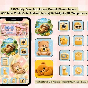 May include: A digital collection of 250 teddy bear app icons, pastel iPhone icons, iOS icon pack, cute Android icons, 10 widgets, and 30 wallpapers. The display shows a smartphone screen with a teddy bear theme, various bear-themed icons, and widgets.