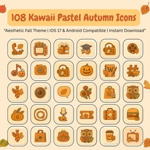 Könnte beinhalten: Eine Sammlung von 108 Kawaii Pastel Herbst-Icons in einem Raster. Jedes Icon hat ein einzigartiges Design mit Herbstmotiven wie Kürbissen und Blättern. Die Icons sind in Orange- und Brauntönen gehalten.